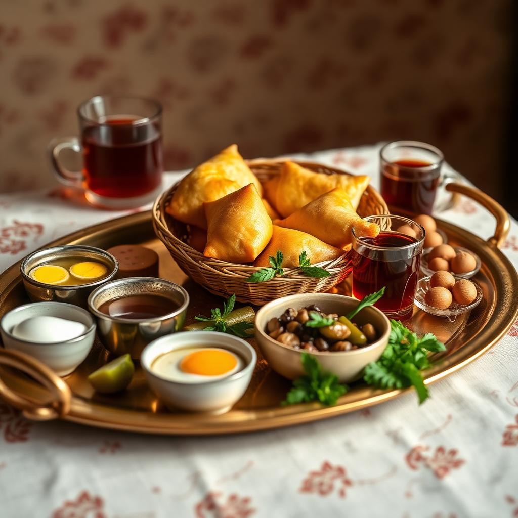 A Middle Eastern breakfast spread on a brass tray with golden sambusak pastries in a woven basket, small bowls of amba and pickles, hard-boiled eggs, herbs, and glasses of black tea