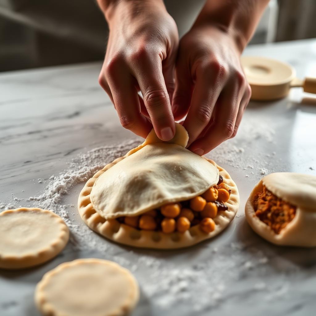 Close-up of hands crimping the edge of a filled half-moon sambusak with spiced chickpea filling on a floured marble counter with dough circles nearby