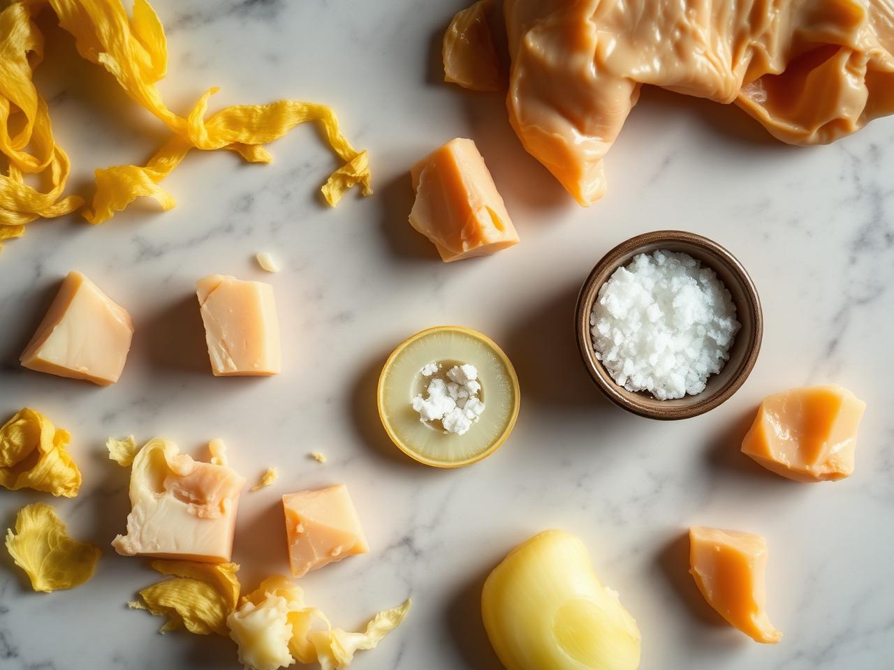 Flat lay of raw chicken skin and fat, sliced yellow onion, and coarse salt on a pale marble surface for making schmaltz