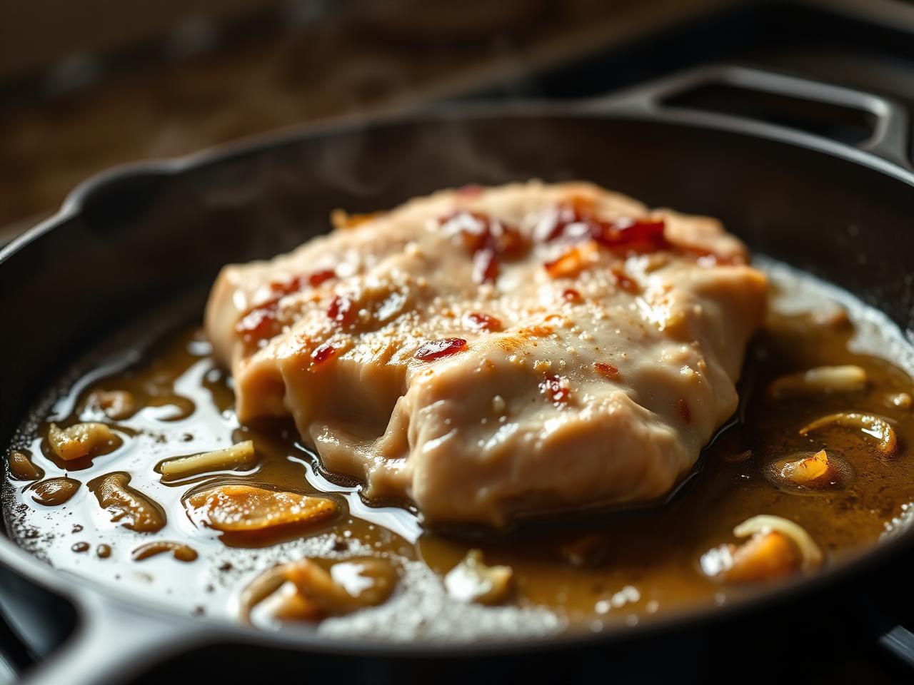 Chicken skin and fat rendering into golden liquid in a cast iron skillet with slivers of onion turning crispy