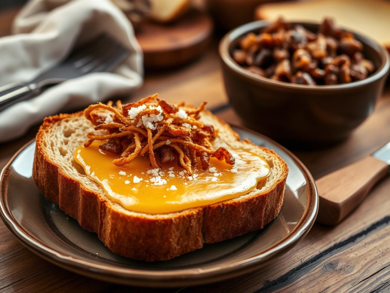 A slice of rye bread spread with golden schmaltz and topped with crispy gribenes and flaky salt beside a bowl of cracklings