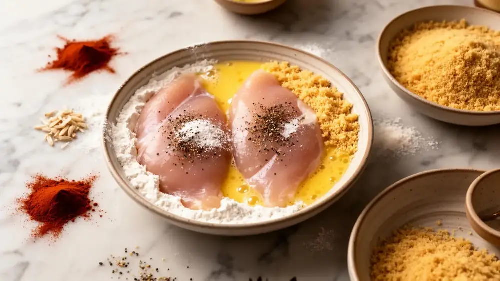 Raw chicken cutlets being dredged in flour, beaten egg, and golden breadcrumbs in shallow bowls with paprika