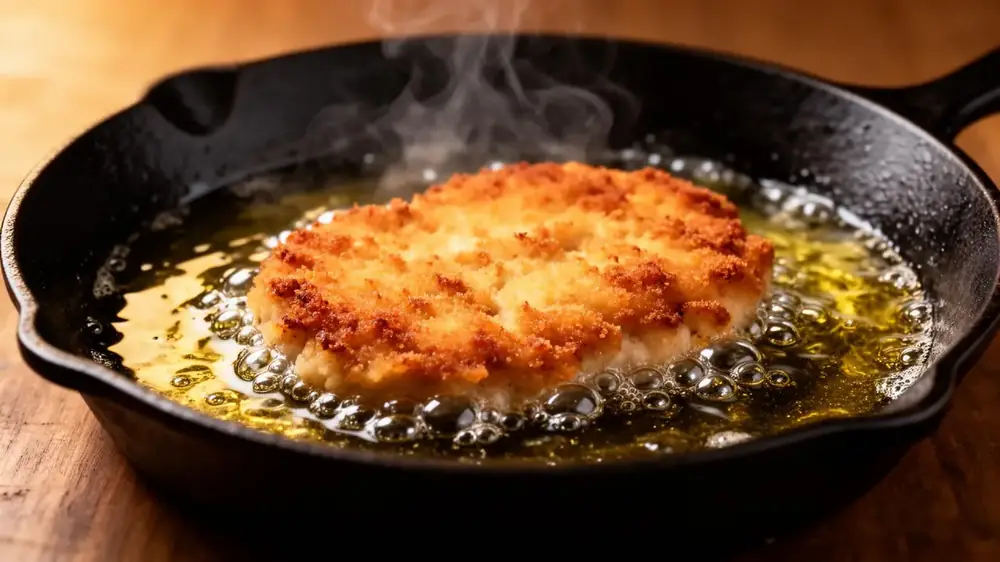 A chicken schnitzel sizzling and frying in golden oil in a black cast-iron skillet with steam rising
