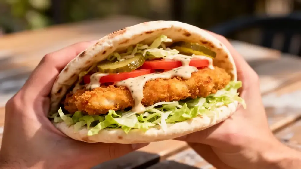 An Israeli schnitzel sandwich in fresh pita with lettuce, tomato, pickles and a drizzle of tahini held over a table
