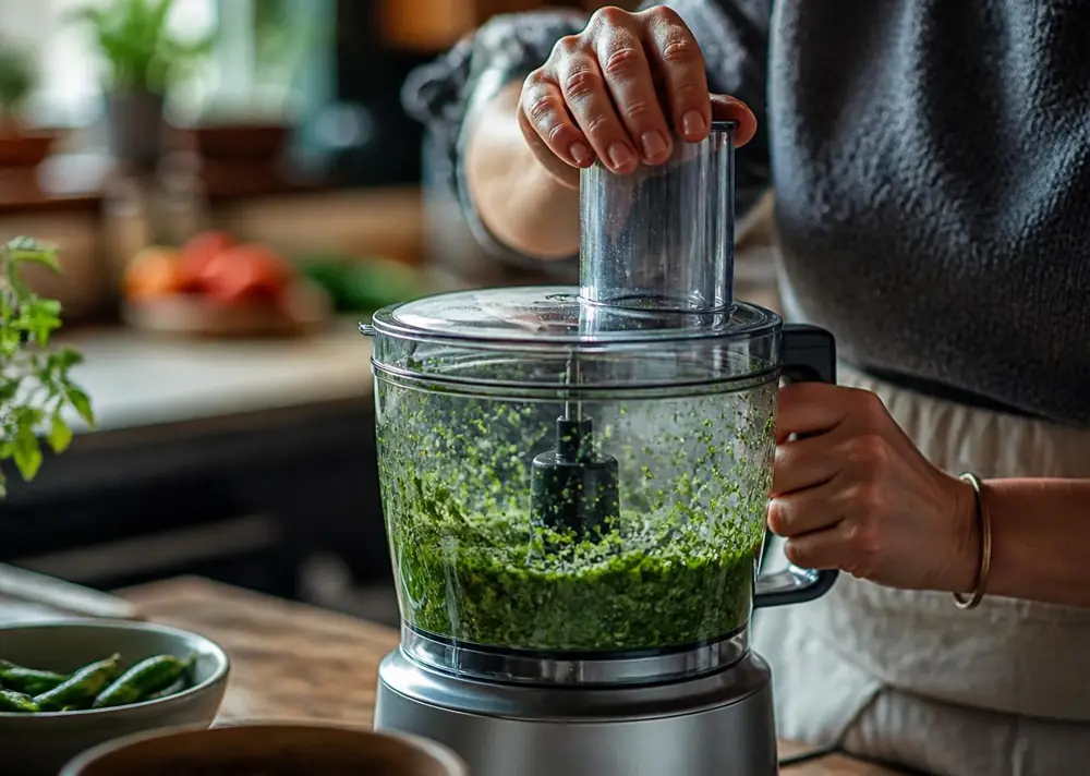 Hands using a food processor filled with bright green cilantro and chilies being pulsed into a coarse Yemenite schug paste in a home kitchen