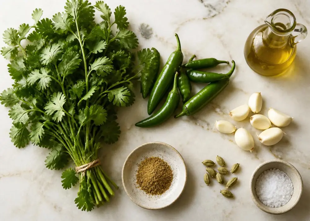 Flat lay of schug ingredients on marble: a bunch of fresh cilantro, green chilies, peeled garlic cloves, ground cumin, green cardamom pods, coarse salt, and a cruet of olive oil