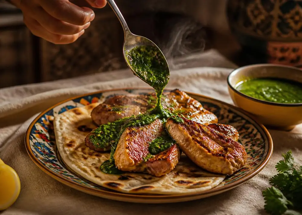A spoonful of bright green schug being drizzled over grilled chicken and warm flatbread on a hand-painted ceramic plate, with a small bowl of schug alongside