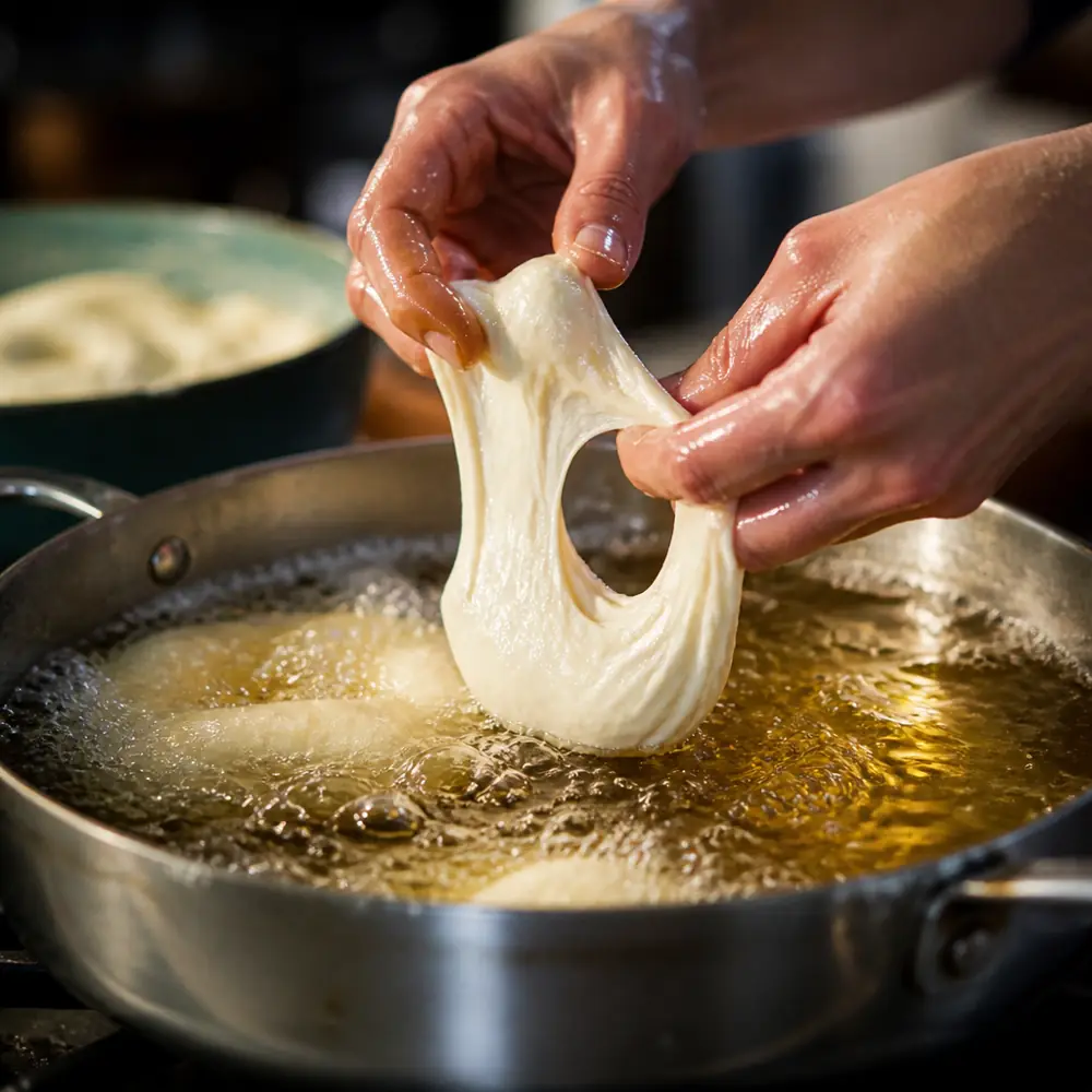 Wet hands stretching a piece of soft sfenj dough into a ring above a pot of shimmering hot oil with golden bubbles in a home kitchen