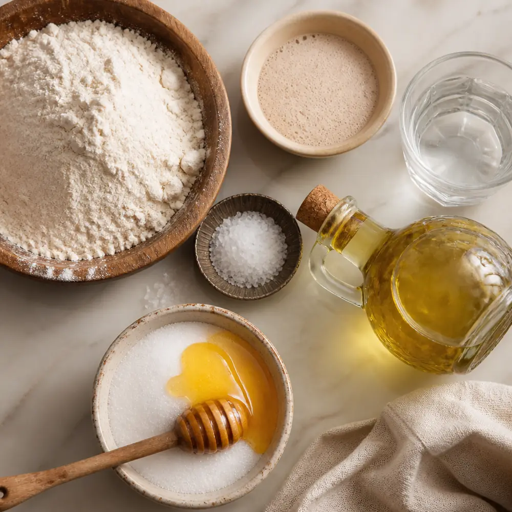 Overhead flat lay of sfenj ingredients on pale marble: a bowl of flour, a dish of yeast, sea salt, a glass of water, frying oil, and sugar with honey