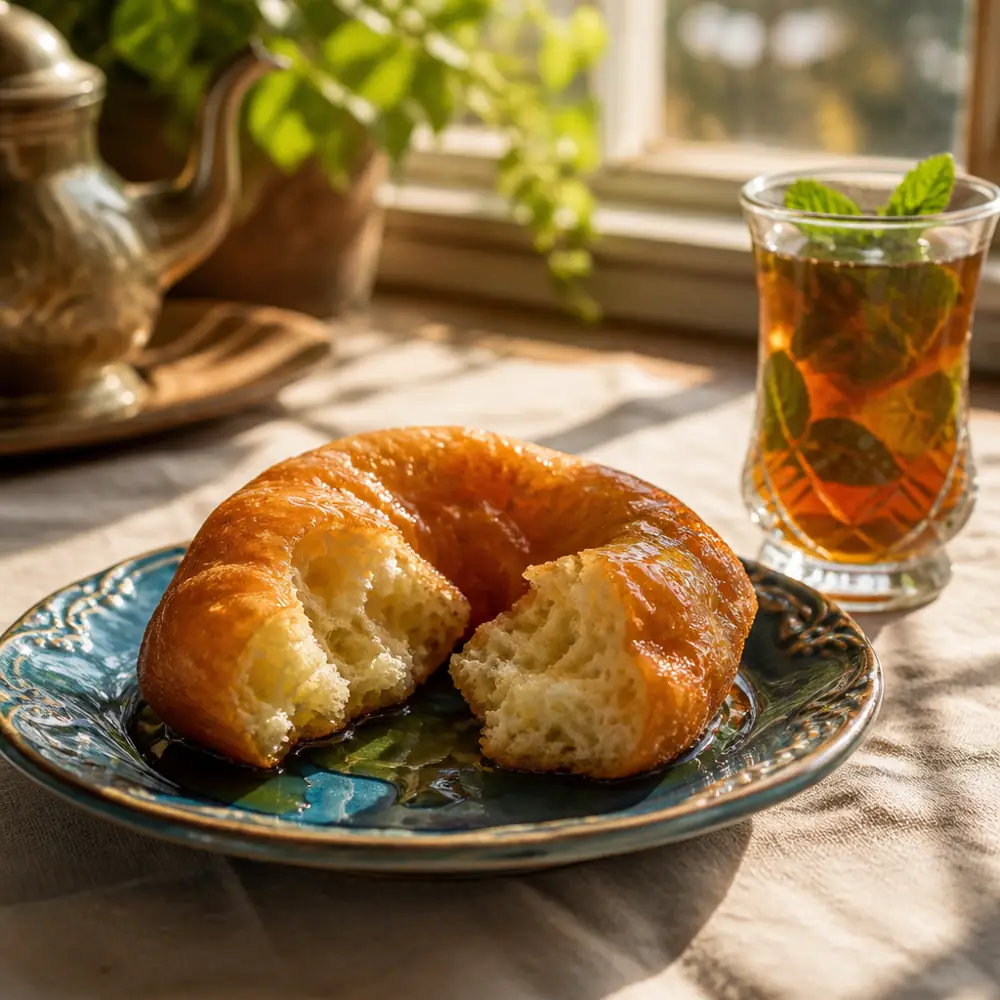 A torn Moroccan sfenj doughnut on a blue plate showing its airy interior drizzled with honey beside a glass of mint tea in warm window light