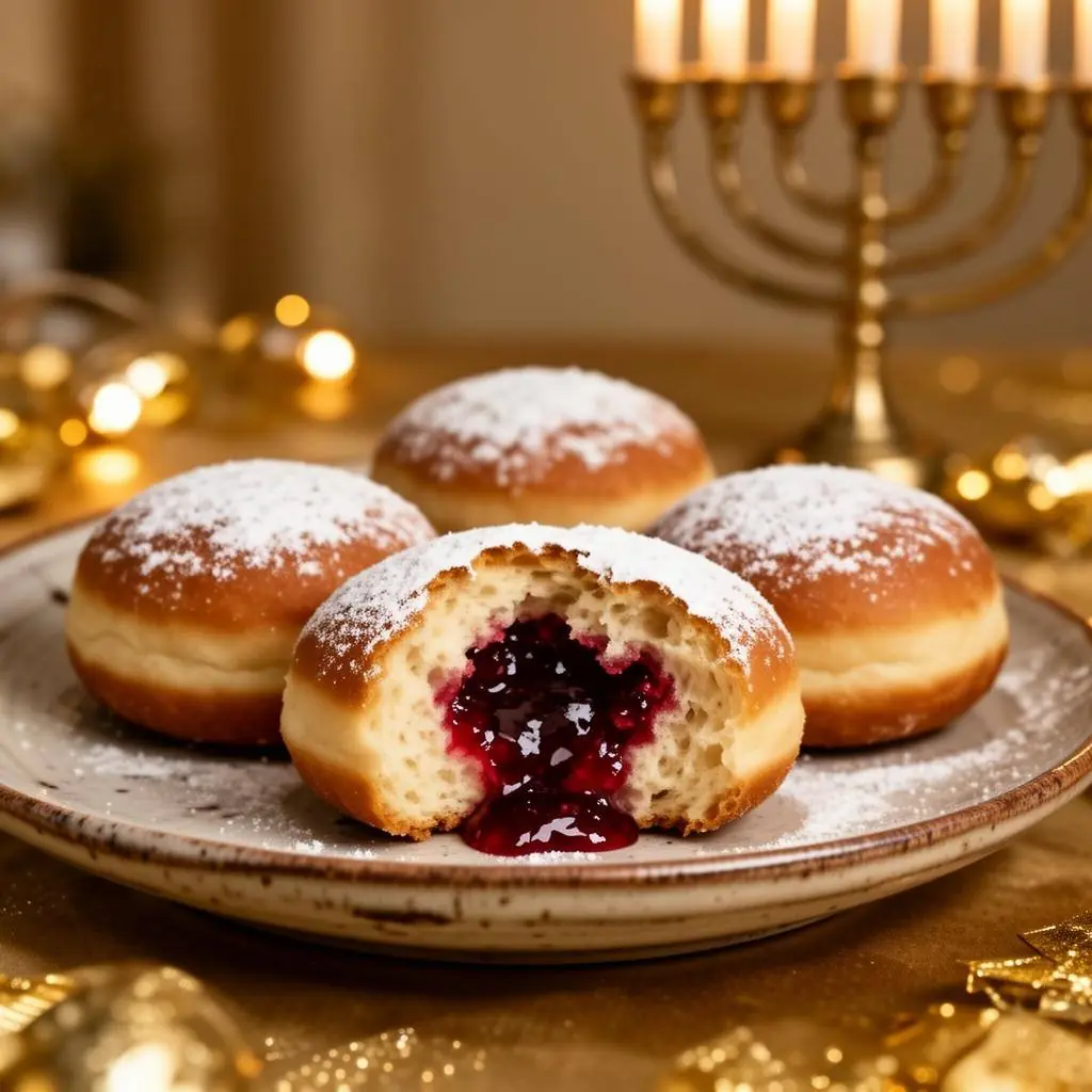 Plate of sufganiyot Hanukkah jelly doughnuts dusted with powdered sugar, one oozing raspberry jam, with a menorah in the background