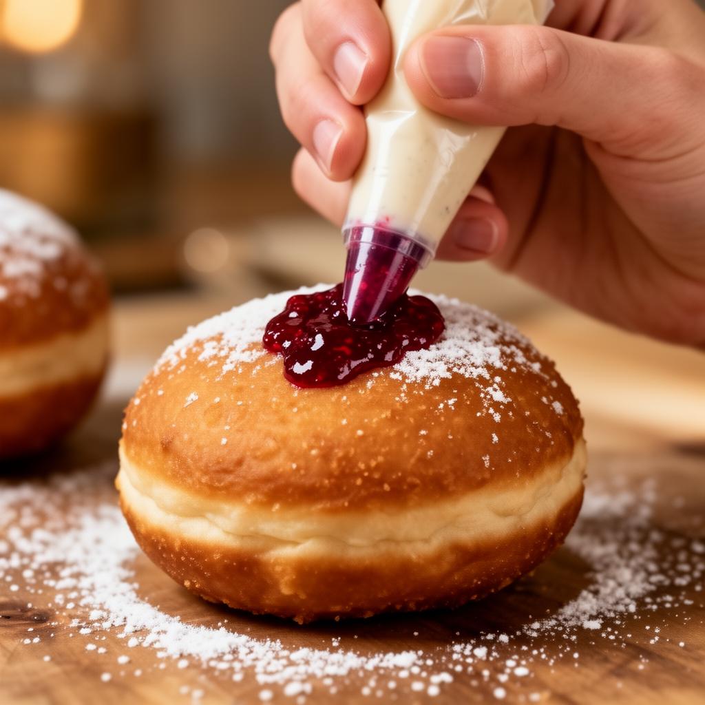 Hands piping red raspberry jam into a fried sufganiyot doughnut with a piping bag