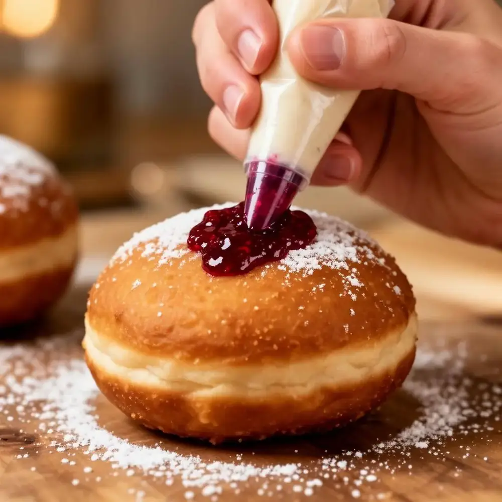 Hands piping red raspberry jam into a fried sufganiyot doughnut with a piping bag