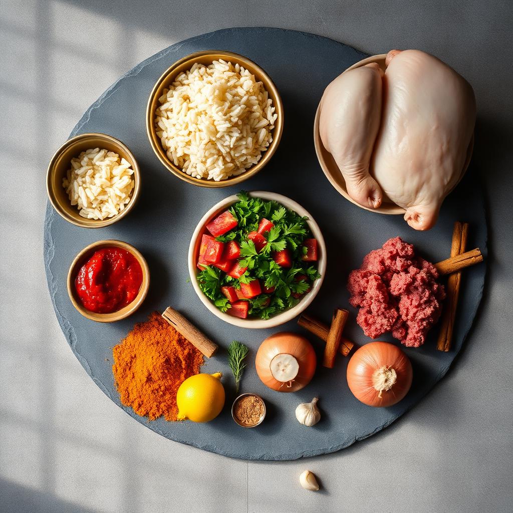 Overhead view of ingredients for Iraqi Jewish t'beet: basmati rice, whole chicken, ground beef, chopped tomato and parsley, tomato paste, turmeric, cinnamon sticks, dried limes, onions and garlic on a slate board