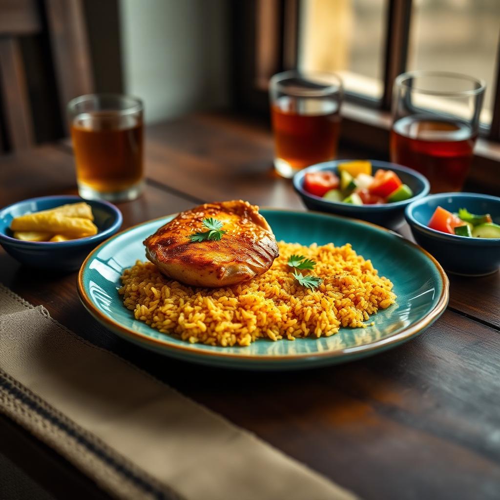 A single plated portion of Iraqi Jewish t'beet with a slice of golden chicken over saffron-yellow spiced rice and side bowls of amba pickle and chopped tomato-cucumber salad, glasses of tea nearby