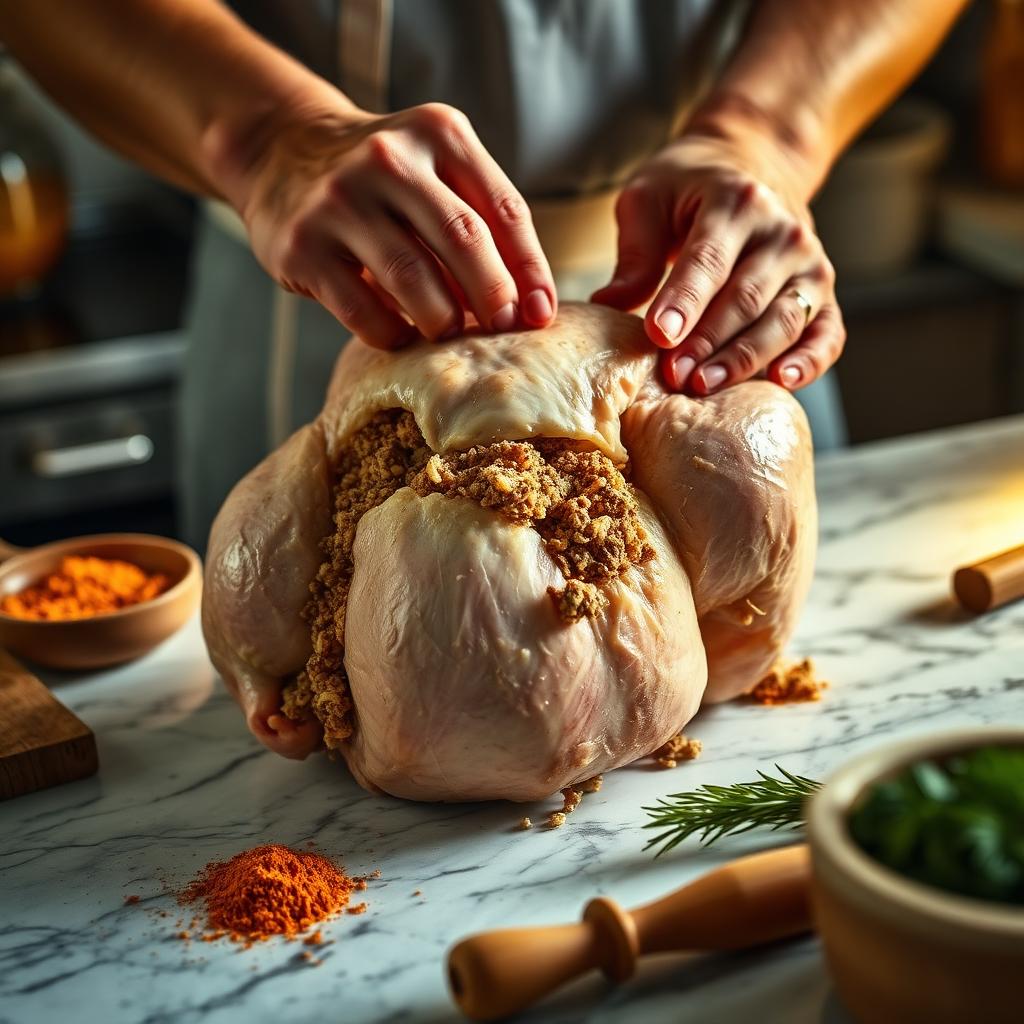 Hands stuffing a whole raw chicken with a fragrant spiced rice and ground beef mixture on a marble kitchen counter with turmeric and paprika beside it