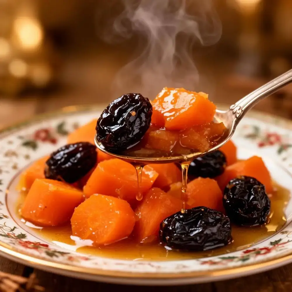 A spoonful of finished tzimmes with glazed carrots and a plump prune, steam rising