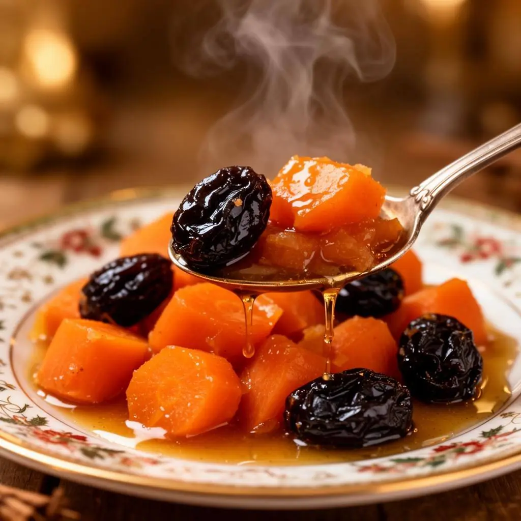 A spoonful of finished tzimmes with glazed carrots and a plump prune, steam rising