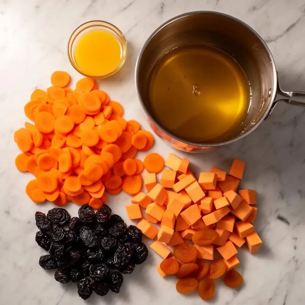 Sliced carrots, cubed sweet potatoes, prunes and dried apricots laid out with orange juice and a pot of honey